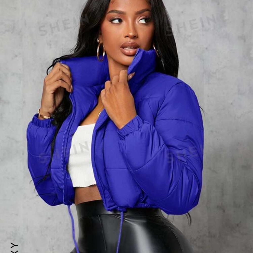 Small/ Royal Blue Zip Up Drawstring Crop Padded Coat